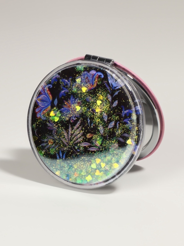 Зеркало складное &laquo;Цветы&raquo;, d = 7,2 см, с увеличением, цвет чёрный/фиолетовый