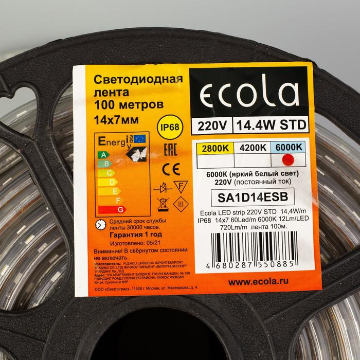 Светодиодная лента Ecola STD 14 × 7 мм, 100 м, IP68, SMD5050, 60 LED/м, 14.4 Вт/м, 220 В, 6000К Светодиодная лента Ecola STD 14 × 7 мм, 100 м, IP68, SMD5050, 60 LED/м, 14.4 Вт/м, 220 В, 6000К