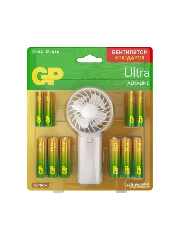 Батарейка алкалиновая GP Ultra, ААА+АА, LR03+LR6-24BL, 1.5В, блистер 12+12 шт, вентилятор