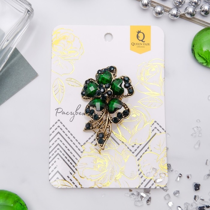Брошь &laquo;Цветок желаний&raquo;, цвет изумрудный в чернёном золоте