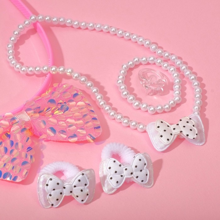 Набор детский &laquo;Выбражулька&raquo; 6 предметов: ободок, 2 резинки, кулон, браслет, кольцо, панда, бантики, цвет бело-розовый