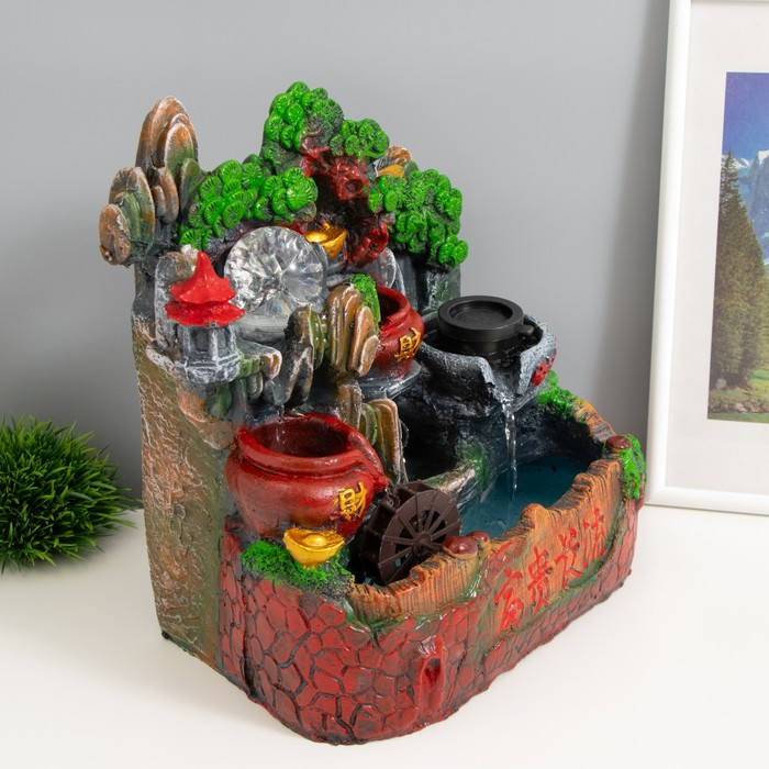 Фонтан настольный полистоун от сети свет "Водяная мельница и пагода" 30х19х31 см