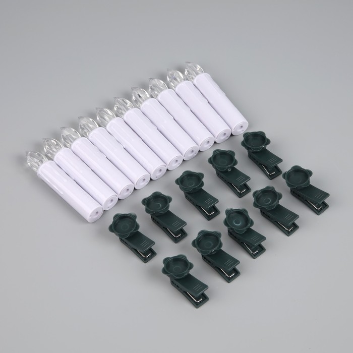 Светодиодные свечи на прищепках 10 см, 10 штук, батарейки ААх1 (не в комплекте), пульт ДУ, свечение тёплое белое Светодиодные свечи на прищепках 10 см, 10 штук, батарейки ААх1 (не в комплекте), пульт ДУ, свечение тёплое белое