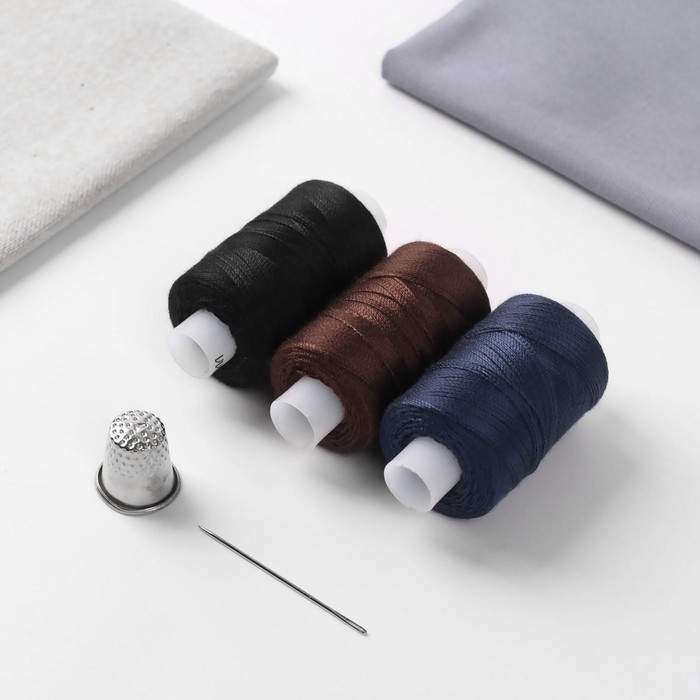 Набор ниток &laquo;Мастеровой&raquo;, 100ЛЛ, 200 м, 3 шт, иголка, напёрсток, цвет чёрный/коричневый/синий
