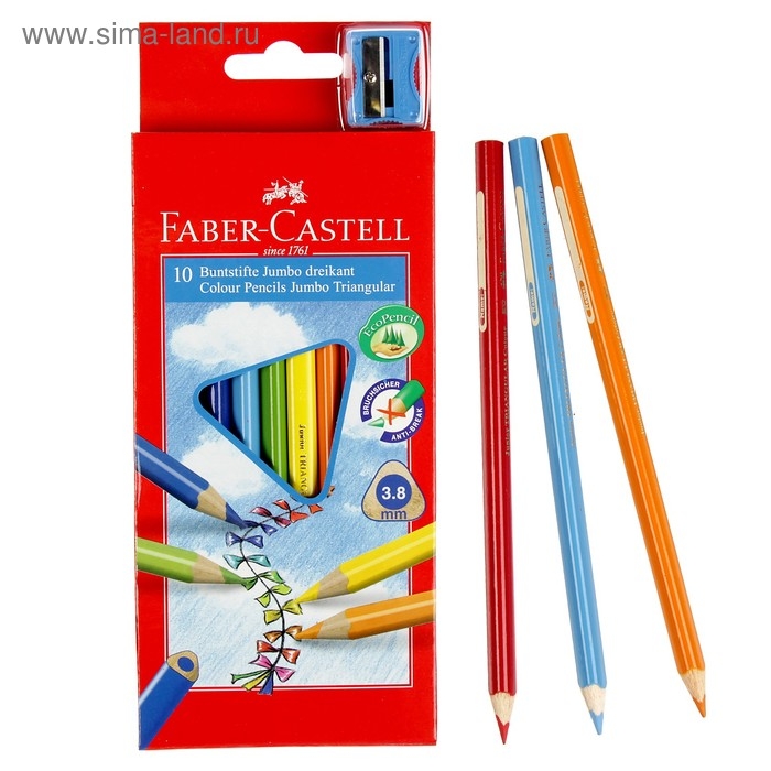 Карандаши Jumbo 10 цветов, Faber-Castell, трёхгранные, с точилкой, картонная коробка Карандаши Jumbo 10 цветов, Faber-Castell, трёхгранные, с точилкой, картонная коробка