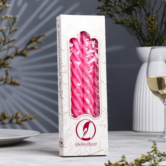 Набор свечей витых, 2,3х 24,5 см, 5 ч, 50 г, 4 штуки, тёмно-розовая