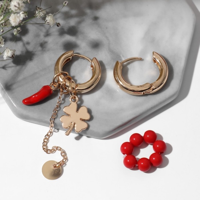 Серьги со съёмным элементом &laquo;Трансформер&raquo; клевер, цвет красный в золоте
