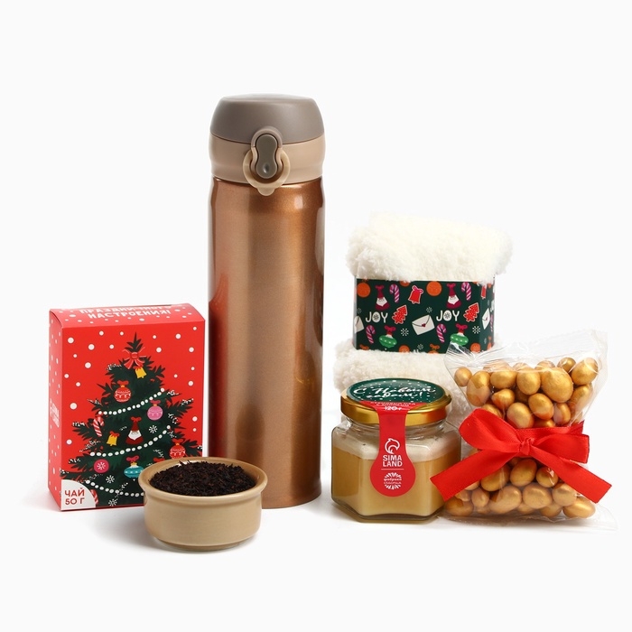 Подарочный набор &laquo;Веселья в новом году&raquo;: чай со вкусом лесных ягод 50 г., крем-мед хлопковый 120 г., арахис в шоколадной глазури, 100 г., носки р-р: 36&ndash;39, термос 500 мл.