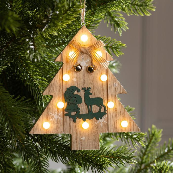 Ёлочная игрушка &laquo;Ёлочка с Дедом Морозом и оленем&raquo;, от батареек, свечение тёплое белое