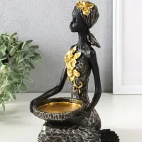 Подсвечник полистоун "Африканка в косынке с цветами" чёрный d=8 см 14х11,5х24,5 см