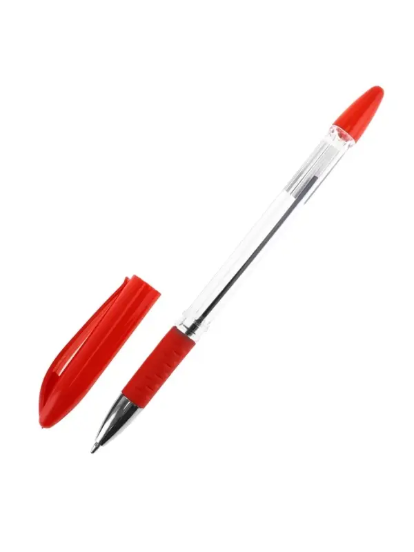 Ручка шариковая 0.5 мм красная, корпус прозрачный с резиновым держателем