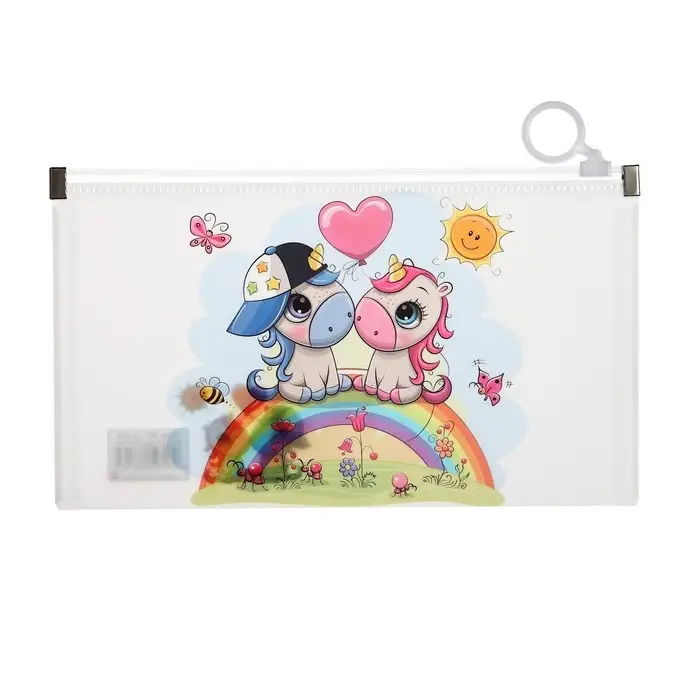 Папка-конверт на молнии формат А65, 180 мкр "Котики, Панды, Единороги", МИКС