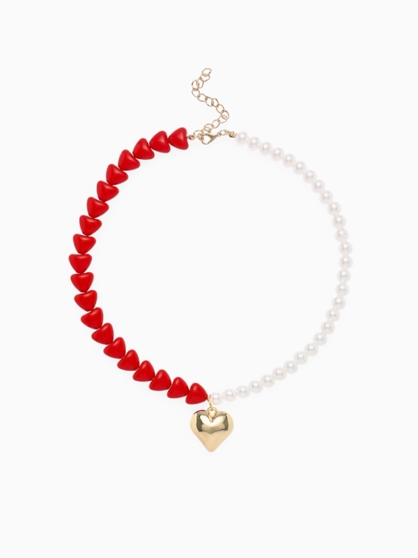 Бусы с жемчугом &laquo;Сердце&raquo; бусины, красно-белый в золоте