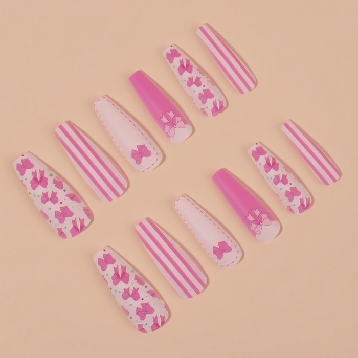Накладные ногти &laquo;Бантики&raquo;, 12 шт, с клеевыми пластинами, форма балерина, цвет белый/розовый