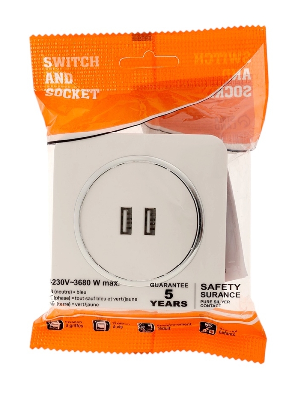 Розетка с 2 USB-A разъёмами, 2.1А, 5В, серия Розетка с 2 USB-A разъёмами, 2.1А, 5В, серия "Circular", 10 А, скрытая, серебристая рамка