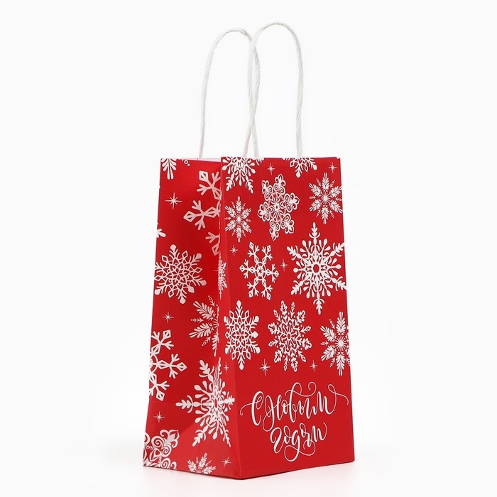 Пакет подарочный новогодний &laquo;Снежинки&raquo;, белый крафт, 12 х 21 х 9 см , Новый год