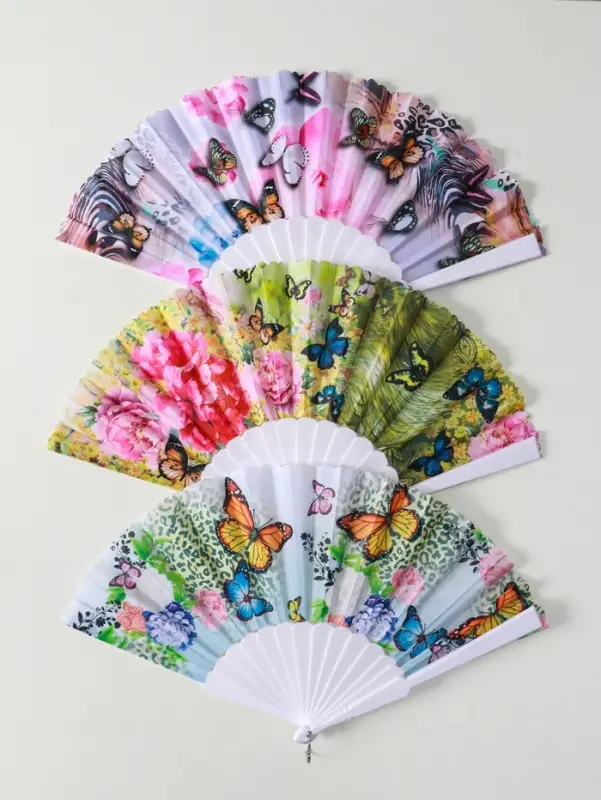 Веер пластик, текстиль "Бабочки и цветы на леопарде" МИКС 23 см