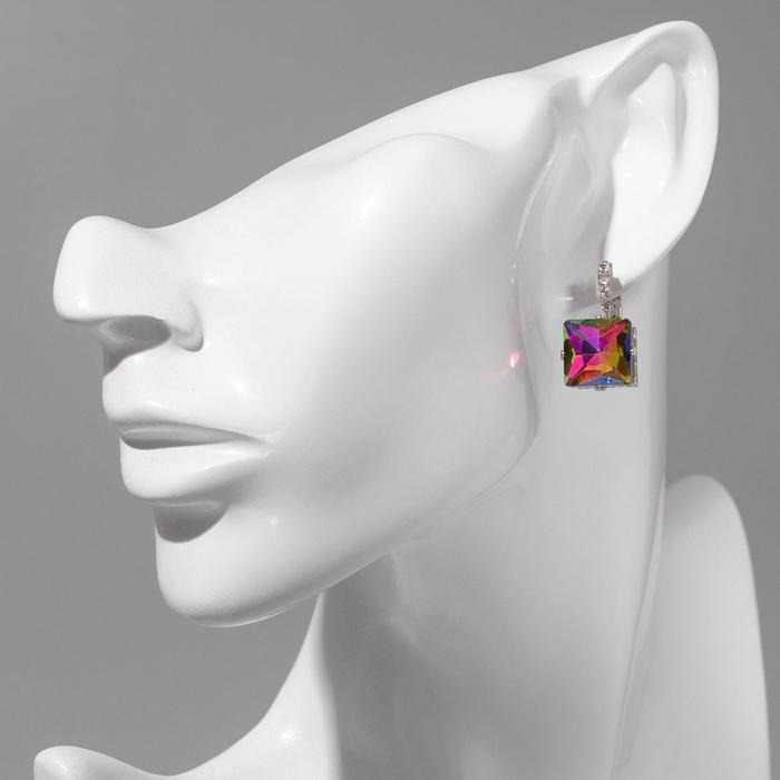 Серьги со стразами Серьги со стразами "Квадрат" мерцание, цвет бело-бензиновый в серебре