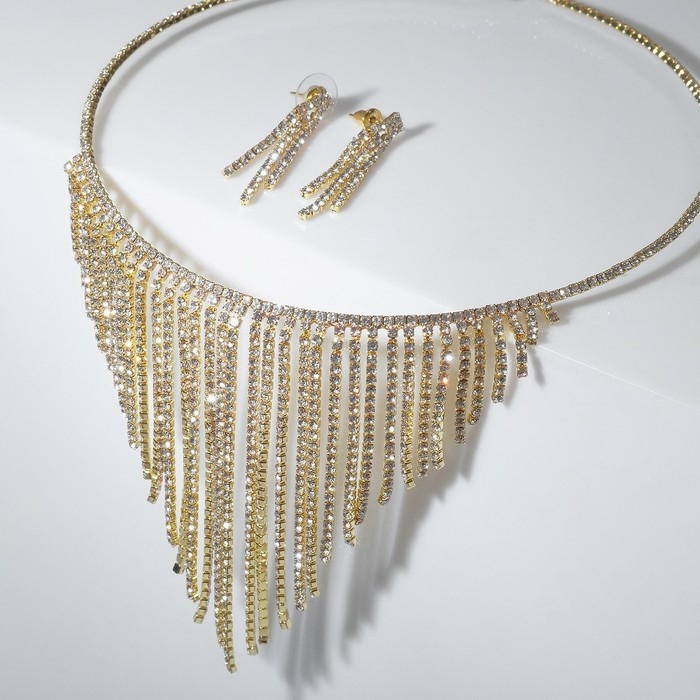 Набор 2 предмета: серьги, колье &laquo;Водопад&raquo; кольцо, цвет белый в золоте, d=13 см