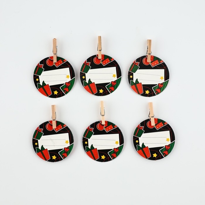 Новогодние украшения для бокалов на Новый год с пожеланиями, круг, диам. 4,5 см, 6 шт.