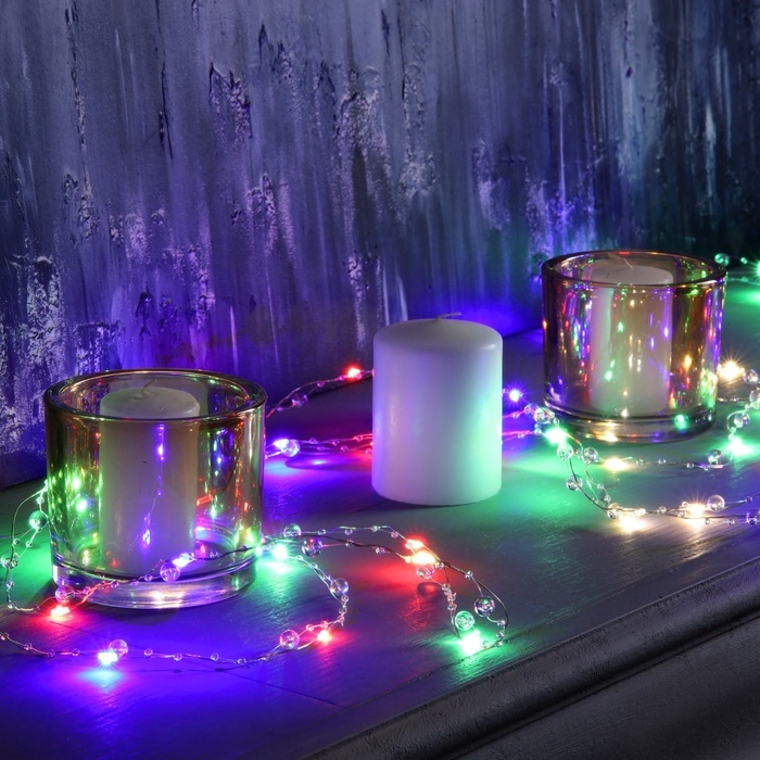 Гирлянда &laquo;Нить&raquo; 5 м роса с насадками &laquo;Шарики&raquo;, IP20, нить серебристая, 50 LED, 8 режимов, свечение мульти, 220 В