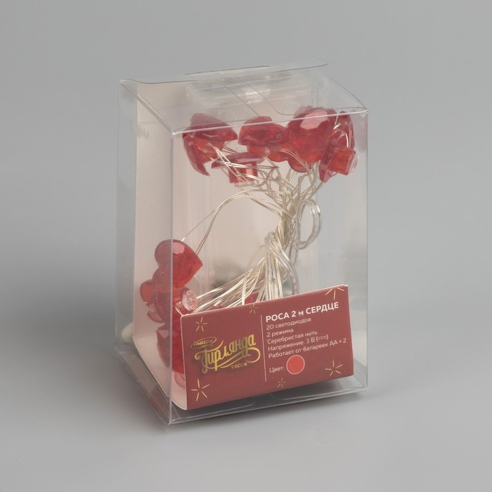 Гирлянда &laquo;Нить&raquo; 2 м роса с насадками &laquo;Сердце&raquo;, IP20, серебристая нить, 20 LED, свечение красное, 2 режима, ААх2