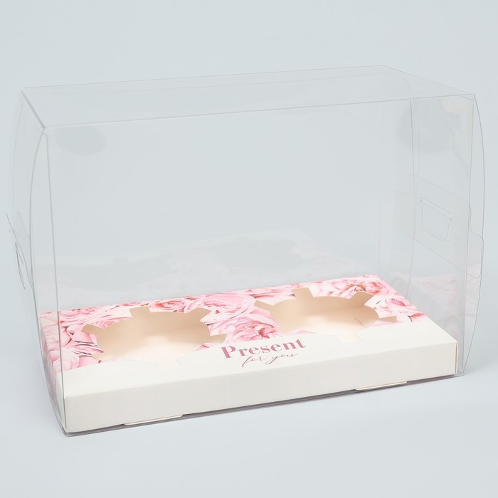 Коробка для капкейка, кондитерская упаковка, 2 ячейки &laquo;Розовые цветы&raquo;, 16 х 8 х 11.5 см