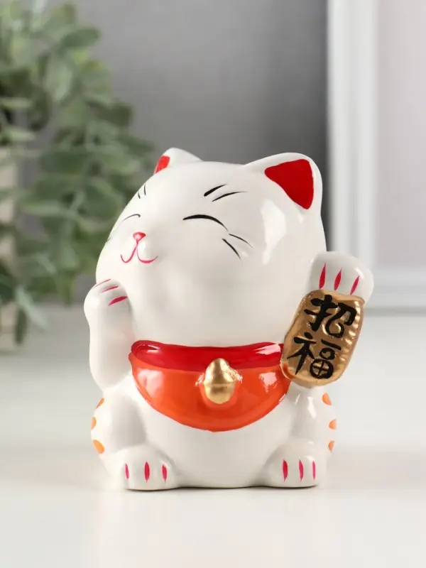 Копилка керамика "Манэки-нэко - иероглиф удача" оранж 7,2х8,3х10 см