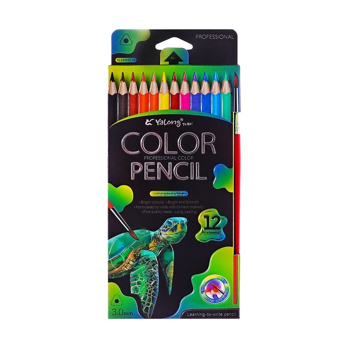 Карандаши акварельные 12 цветов, в картонной коробке, треугольные,дер, с кист,Животные МИКС