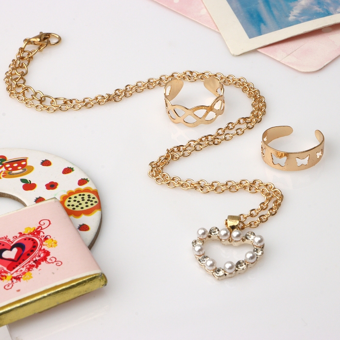 Набор &laquo;Выбражулька&raquo; 3 предмета: кулон 40 см, 2 кольца, сердечко, цвет белый в золоте