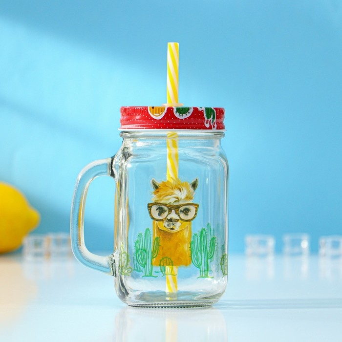 Банка стеклянная с крышкой и трубочкой Доляна &laquo;Лама&raquo;, 450 мл, 10&times;7,5&times;13 см