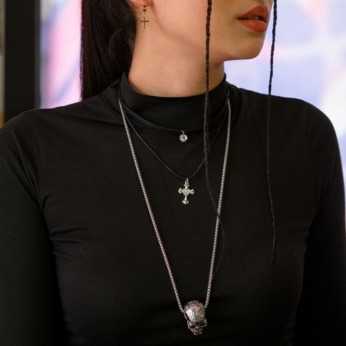 Кулон &laquo;Череп&raquo; с узором, цвет чернёное серебро, 70 см