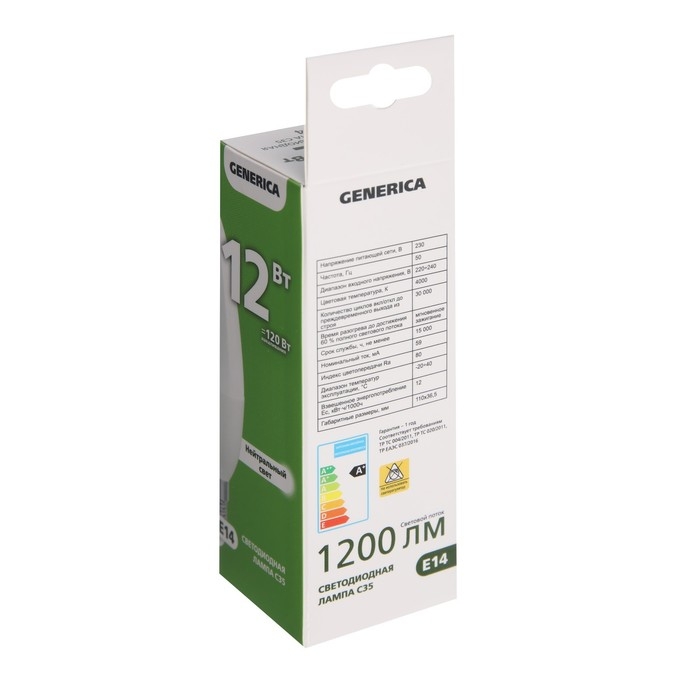 Лампа светодиодная GENERICA C35, 12 Вт, свеча, 4000 К, E14, 230 В, LL-C35-12-230-40-E14-G Лампа светодиодная GENERICA C35, 12 Вт, свеча, 4000 К, E14, 230 В, LL-C35-12-230-40-E14-G