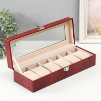 Шкатулка кожзам под часы 6 отделений "Питон бордовый с прожилками" 11х31х7,5 см