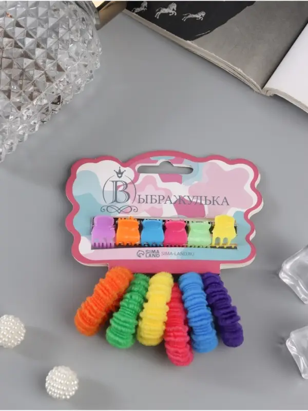 Набор для волос &laquo;Махрушка&raquo;: 6 резинок, 6 крабов, ребристая радуга, МИКС