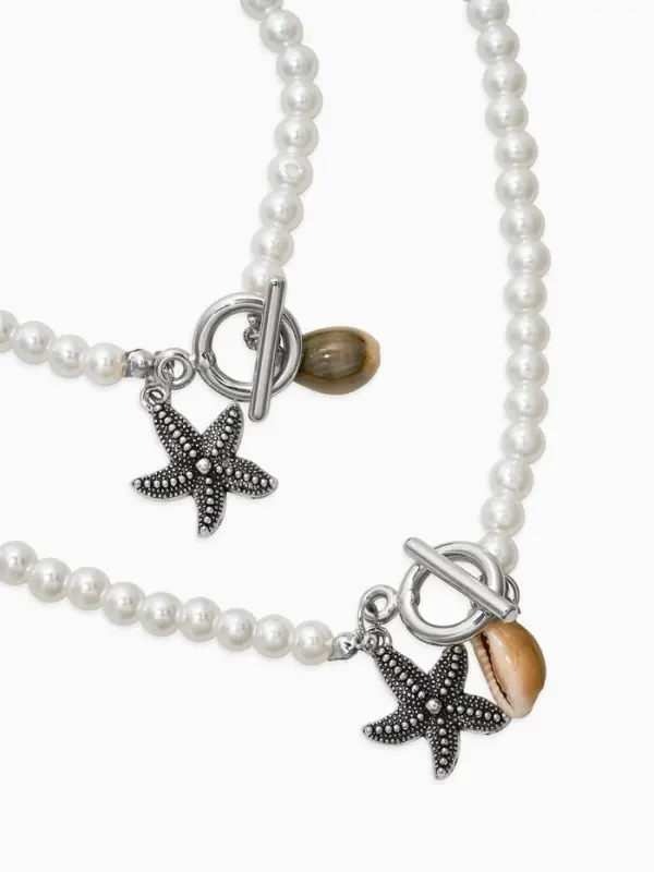 Набор 2 пред-та: бусы.браслет "Жемчуг", звезда, цвет белый в серебре L=18/42см №6