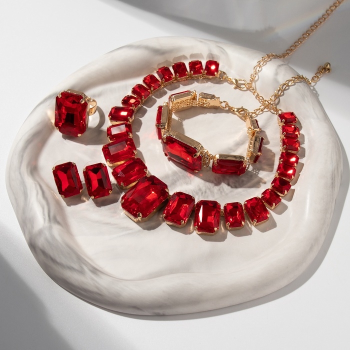 Набор 4 предмета: серьги, колье, браслет, кольцо &laquo;Вечерний&raquo; объём, красный в золоте