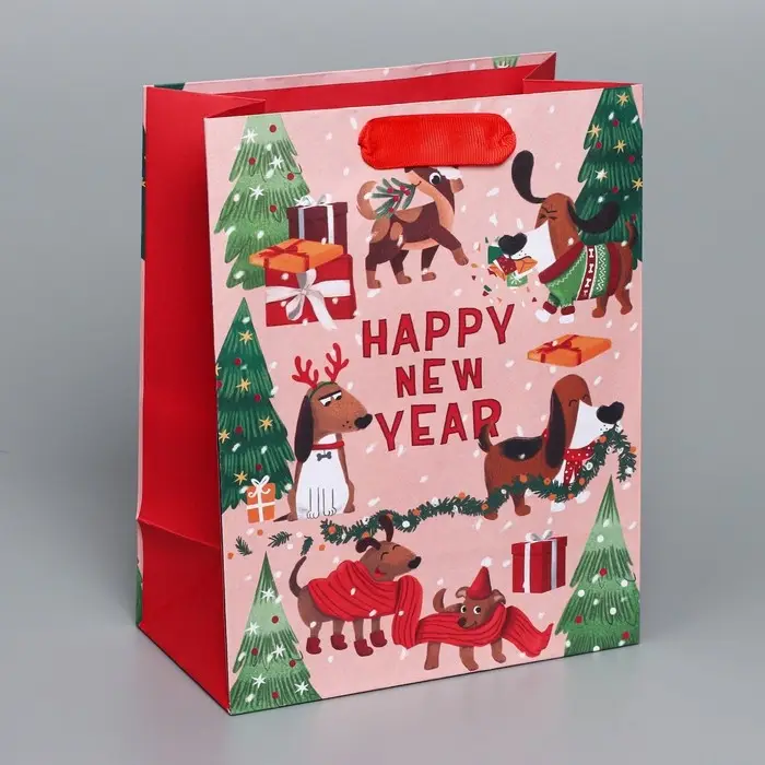Пакет подарочный новогодний крафтовый вертикальный &laquo;Собачьи истории&raquo;, MS 18 х 23 х 10 см