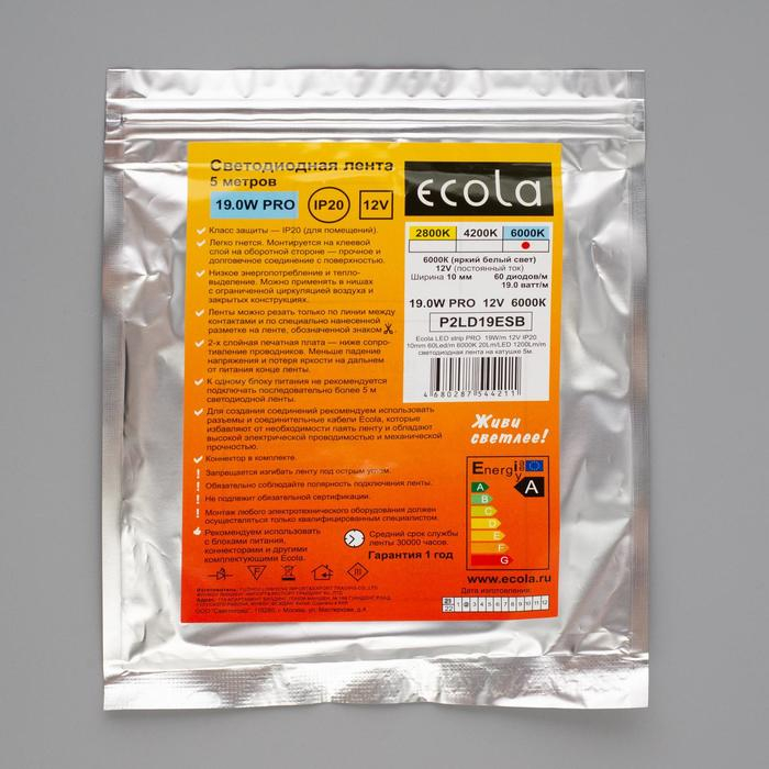 Светодиодная лента Ecola PRO 5 м, IP20, SMD2550, 60 LED/м, 19 Вт/м, 12 В, 6000К Светодиодная лента Ecola PRO 5 м, IP20, SMD2550, 60 LED/м, 19 Вт/м, 12 В, 6000К