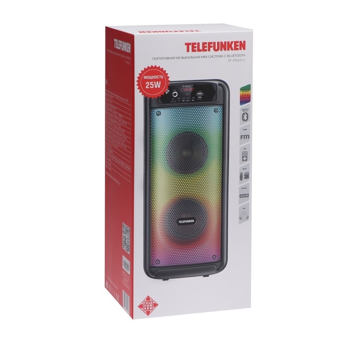 Портативная колонка Telefunken TF-PS2212, 25 Вт, 1800мАч, FM, BT, microSD, USB, подсветка