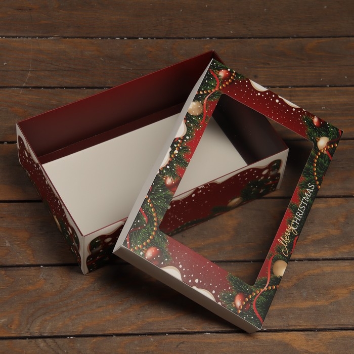 Новый год. Коробка подарочная новогодняя складная, крышка-дно , с окном "Счастливого Рождества" 30 х 20 х 9 см