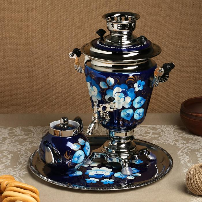 Набор &laquo;Жостово на синем&raquo;, рюмка, 3 предмета, самовар 3 л, заварочный чайник 0,7 л, поднос