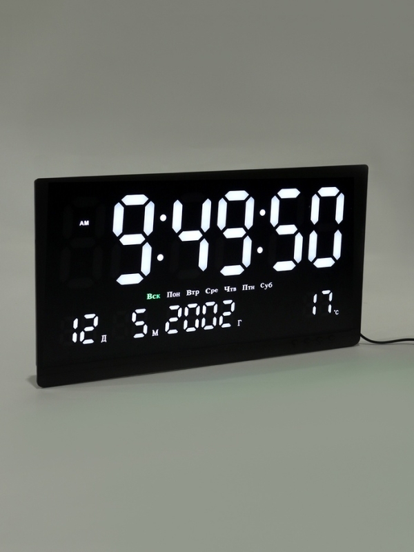Часы электронные настенные, календарь и термометр, 47.5 х 25.3 см, белые цифры 10.8 х 5.3 см 10766 Часы электронные настенные, календарь и термометр, 47.5 х 25.3 см, белые цифры 10.8 х 5.3 см 10766
