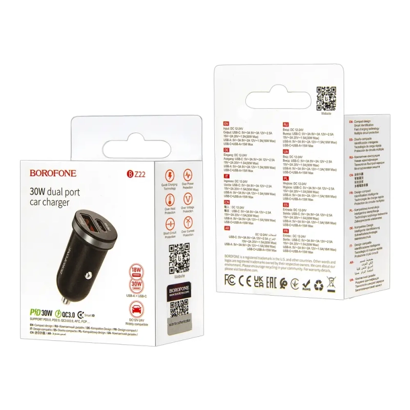 Переходник BZ22 АЗУ на USB QC3.0 + Type-C PD30W Borofone черный