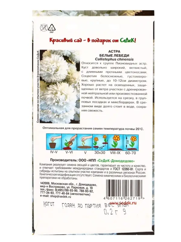 Набор семян Астра "Белые лебеди "0.2 г, 5 шт.