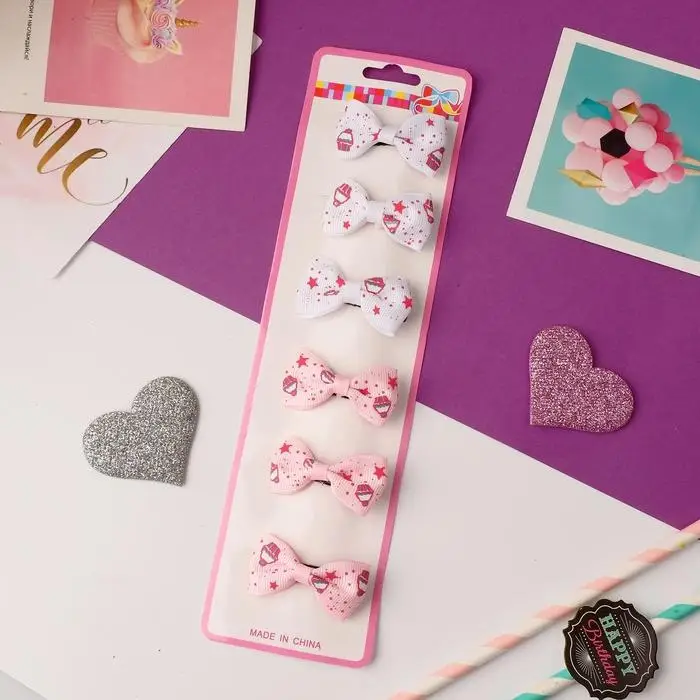 Зажим для волос "Бантик" звёзды и кексы 4,5 см, белый и розовый