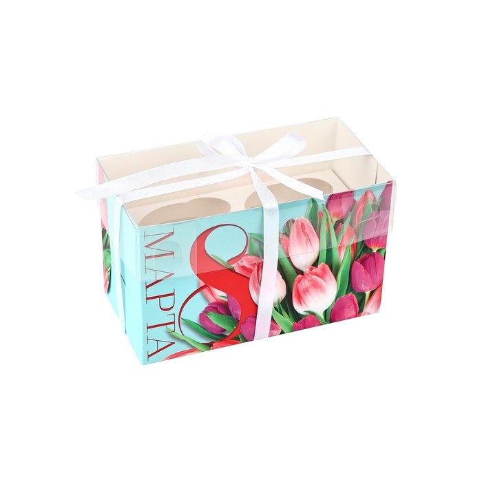 Коробка для капкейков, кондитерская упаковка, 2 ячейки &laquo;8 Марта&raquo;, 16 х 8 х 10 см