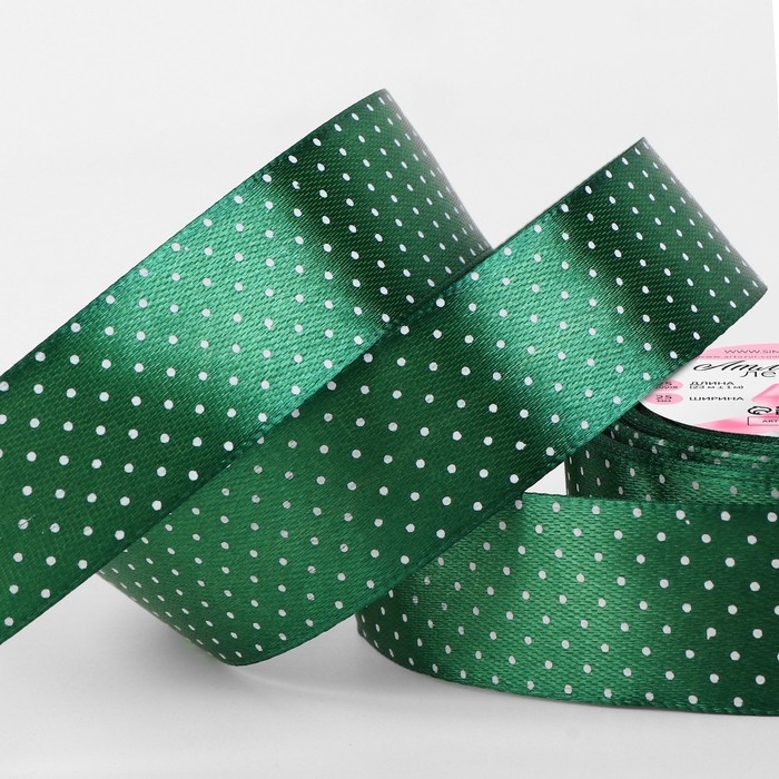 Лента атласная &laquo;Горошек&raquo;, 25 мм &times; 23 &plusmn; 1 м, цвет зелёный №128