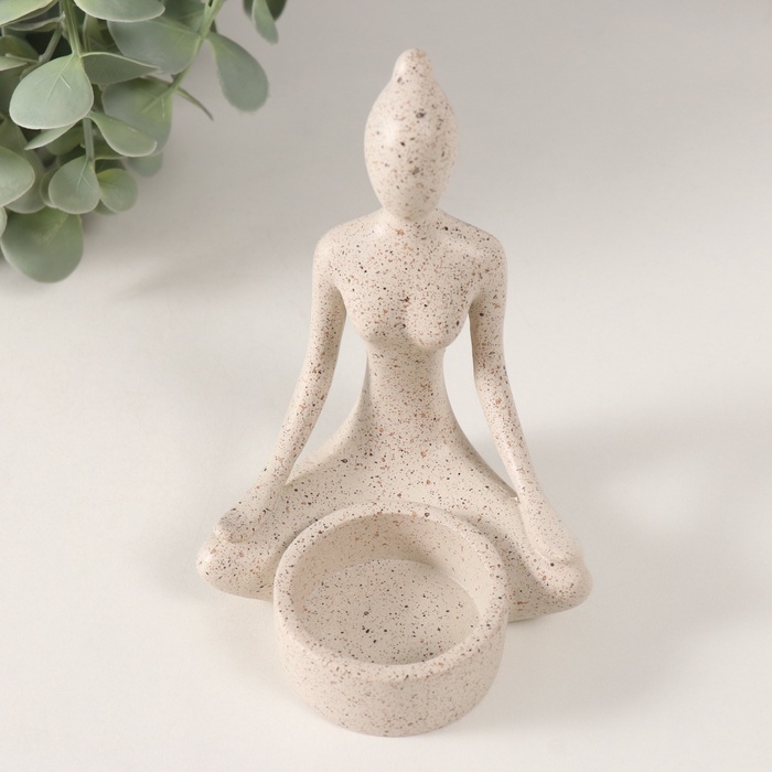 Подсвечник полистоун на 1 свечу "Девушка. Поза лотоса" белый в крапинку 8,3х8,5х11,7 см