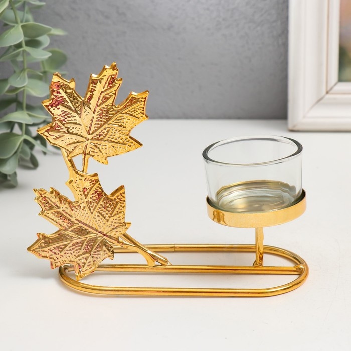 Подсвечник металл на 1 свечу Подсвечник металл на 1 свечу "Кленовые листья" d=4,5 см золото 5,8х13х13 см